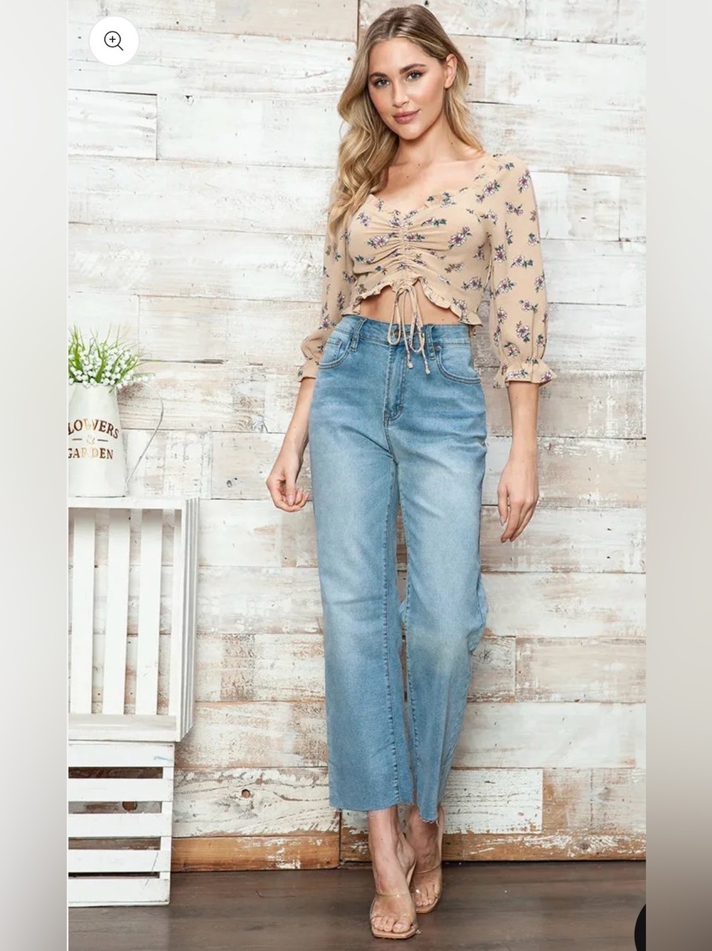 Papermoon Floral Ruched Tie-Front Crop Top in Beige - Picture 5 of 7